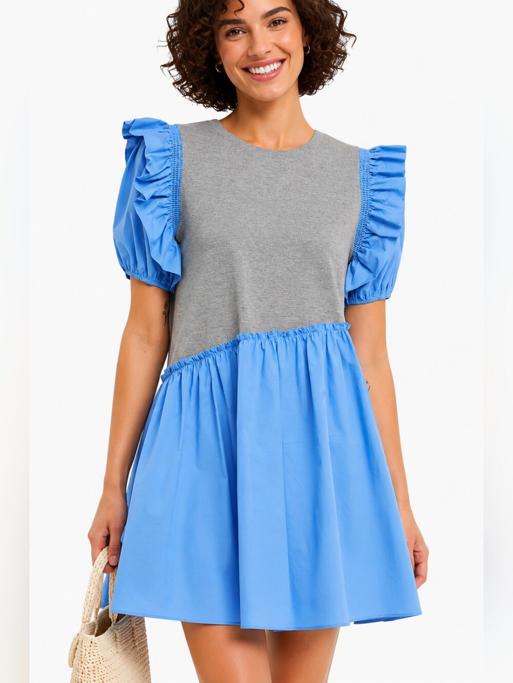 English Factory Mixed Media Ruffle Puff Sleeve Mini Dress Blue Gray M